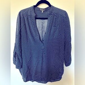 market spruce navy blue polka dot Pop Over Blouse V Neck Large